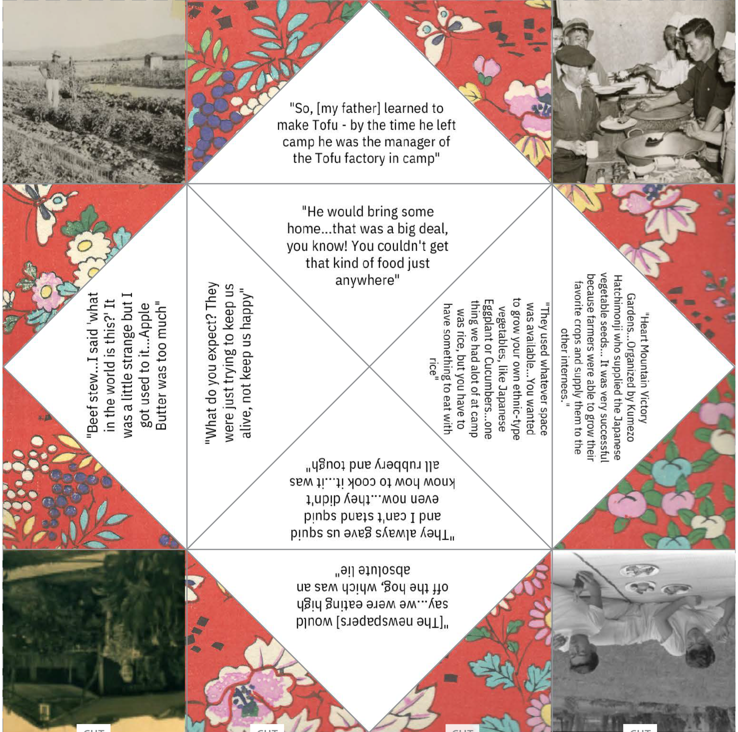 A collage of squares each with a different photo of a Japanese person, a traditional Japanese paper, or text about Japanese American incarceration camps