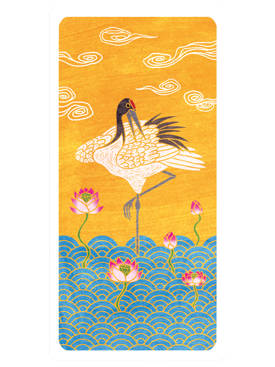 A woodcut print of a white crane against a bright yellow background with stylized blue and white waves.