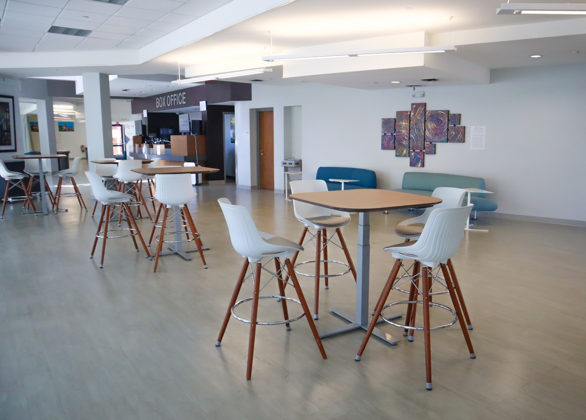 Lobby of Ferst Center with tables and chairs set up