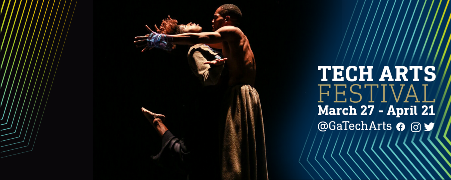Two dancers facing eachother, her face is up toward the light, he is reaching out behind her. The words image framed by angled pinstripes in blue and gold and the words TECH ART FESTIVAL Study My TECHnique March 27-April 21.