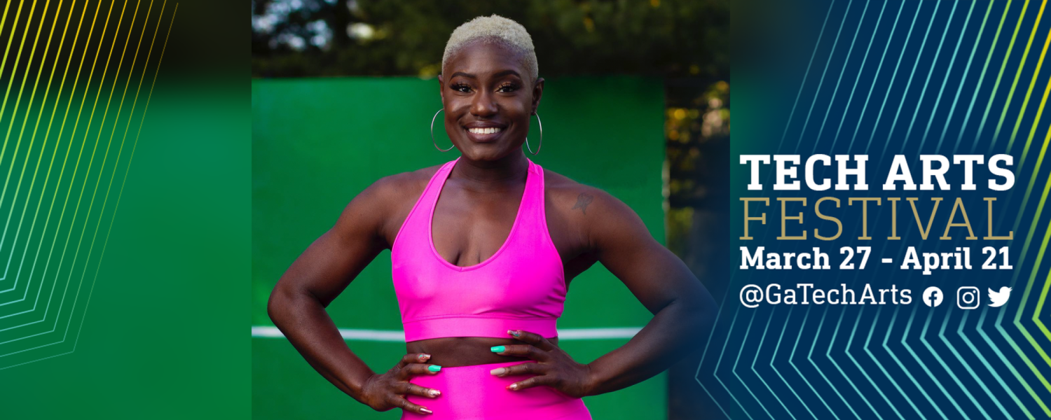 Dionne Eleby wearing neon pink workout gear, her hands on her hips as she faces the camera with a smile. The image is framed by angled pinstripes in blue and gold TECH ART FESTIVAL Study My TECHnique March 27-April 21.