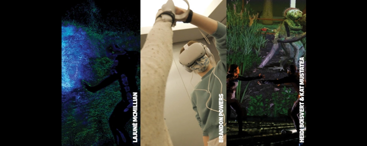 A sequence of three photos of works by LaJuneÌ McMillian, Brandon Powers, and Heidi Boisvert.