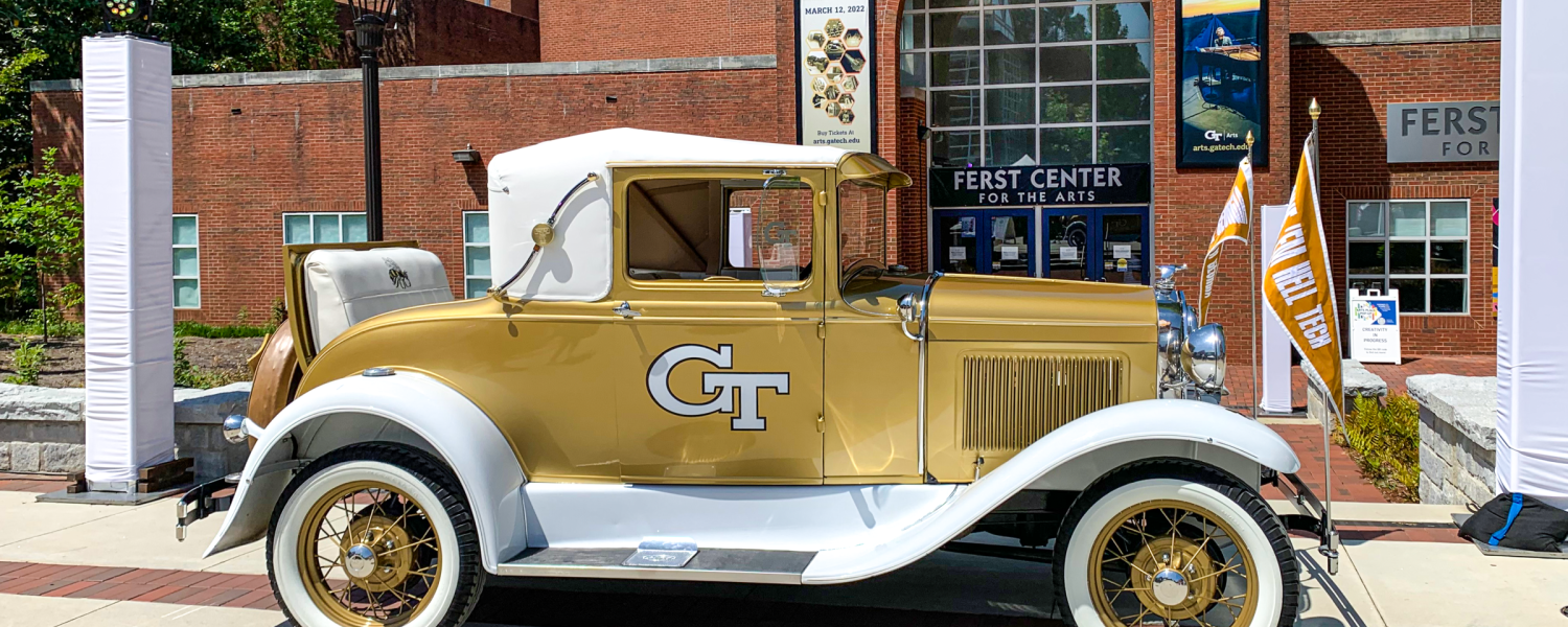 The Georgia Tech Ramblin' Reck parked on the Arts Plaza.