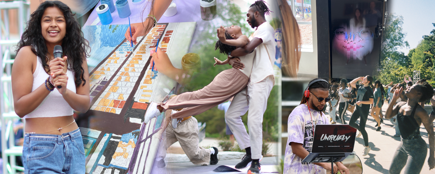 Collage of photos- student holding microphone, students painting, one person lifting another in dance, dj looking at computer, interactive art displayed on digital screen, group of dancers in motion