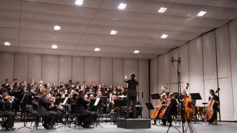 A conductor stands with her back to the camera, arms raised and holding a baton in her hand, facing a symphony orchestra