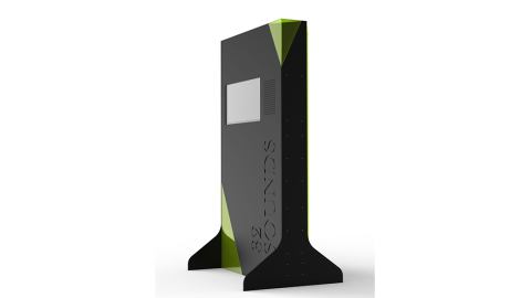 a rectangular tower much taller than it is thick, with feet on either end to hold it up. On the tower is a display screen.