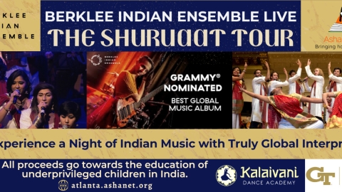 A collage of text, photos, and logos promoting the Berklee Indian Ensemble Live The Shuruaat Tour