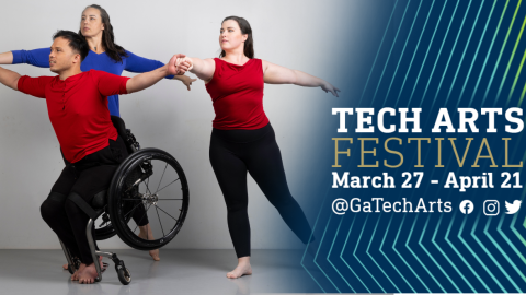 L. Trojic, Ashlee Jo Ramsey-Borunov, and Courtney Michelle McClendon Dancers posed together in a Full Radius Dance photography studio photoshoot. the photo framed by angled pinstripes in blue and gold and the words TECH ART FESTIVAL Study My TECHnique March 27-April 21