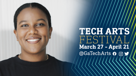 Cocking with her hair pulled tightly back, wearing a black shirt, smiling kindly. The image is framed by angled pinstripes in blue and gold TECH ART FESTIVAL Study My TECHnique March 27-April 21.