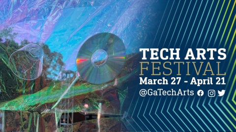 A close-up photo of EnRoot framed by angled pinstripes in blue and gold and the words TECH ARTs FESTIVAL March 27-April 21.