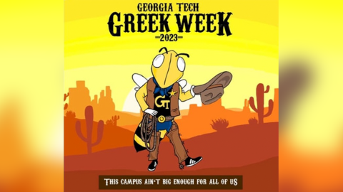 A drawing of a yellow jacket in human form, wearing a wild west costume.