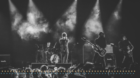 Black and white photo of a rock group performing.