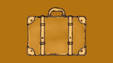 A pen-and-ink drawing of a brown leather suitcase with buckled straps and caps on the four corners 