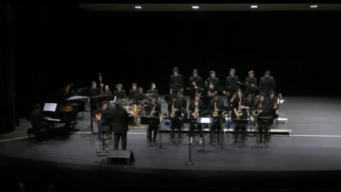 Group of musicians gathered on stage playing various instruments
