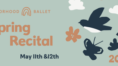 Light blue back ground with orange navy and white icons of bird butterfly flowers and clouds. Text reading Neighborhood Ballet Spring Recital May 11 and 12 2024