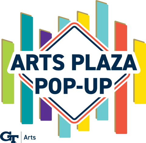 ARTS PLAZA POP-UP superimposed on a diamond shaped outline in orange and blue, behind which are pillars in primary colors