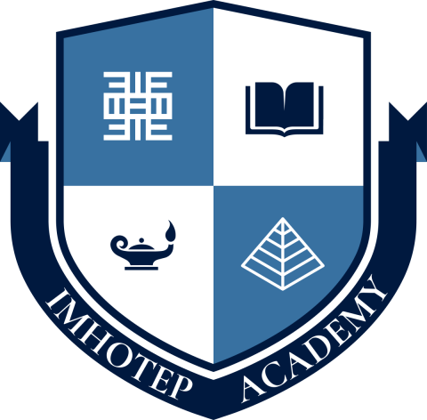 Imhotep Academy logo with white, light blue, and navy blue graphic elements