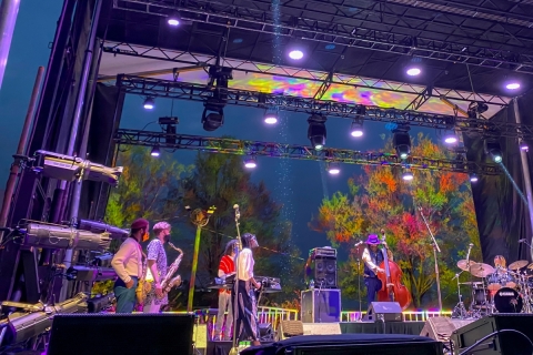 An outdoor stage truss frames musicians who are lit by the multi colored lights that also are projected onto the trees behind them