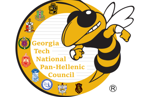 the Georgia Tech mascot Buzz the Yellow Jacket is surrounded by symbols of the nine historically African-American fraternities and sororities 