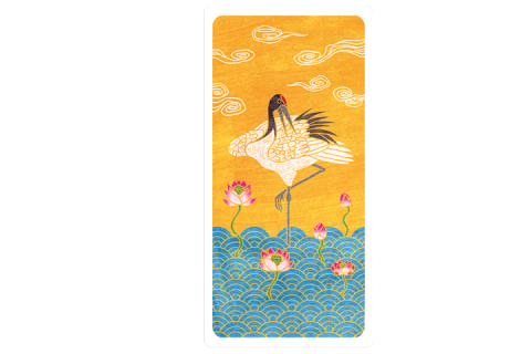 A woodcut print of a white crane against a bright yellow background with stylized blue and white waves. A woodcut print of a brightly colored stylized peacock against a sunrise over a bed of chrysanthemums.