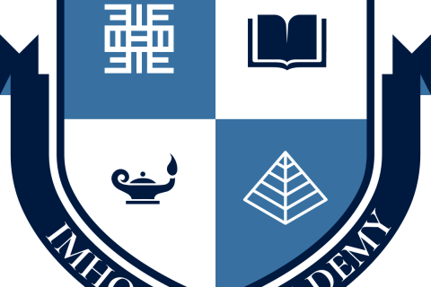 Imhotep Academy logo with white, light blue, and navy blue graphic elements