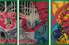Three painted panels each with images of dance, music, and art, the figures outlined in black and filled in with vibrant abstract colors and shapes