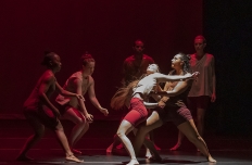 a large group of dancers, most of whom are in the shadows except for a couple in the spotlight