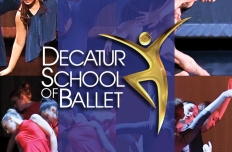 Collage of photos featuring dancers in different poses with text reading Decatur School of Ballet