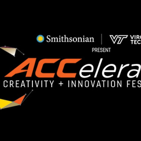 on a black background is a geometric multi-colored crescent and the words ACCelerate CREATIVITY AND INNOVATION FESTIVAL and the logos for the Smithsonian and Virginia Tech