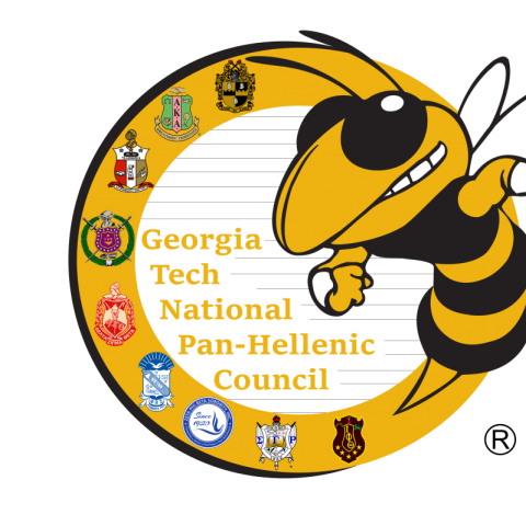 the Georgia Tech mascot Buzz the Yellow Jacket is surrounded by symbols of the nine historically African-American fraternities and sororities 