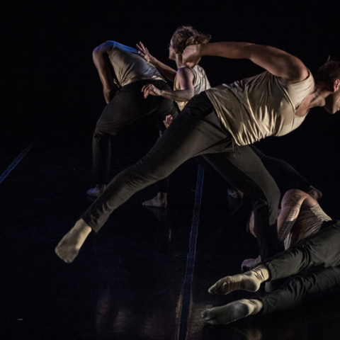 Four dancers wearing loose tan tank tops and black pants perform on a dark stage. We cannot clearly see their faces. From left to right: A male dancer with his back hunched away from a female dancer reaching towards him. In front of both are another pair of dancers, the male dancer leaning on his left foot and looking down at the female dancer, who is on laying next to his left leg, on her right side on the floor, her legs extended forward.