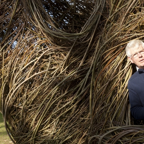 Patrick Dougherty peeking out of one of his sculptures built with sticks and saplings. (Photo by Eric Sander)