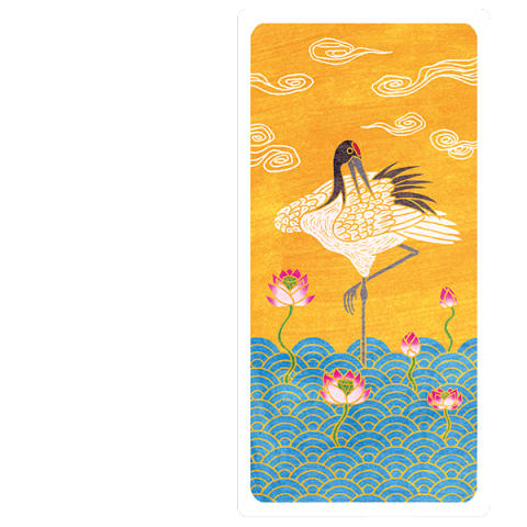 A woodcut print of a white crane against a bright yellow background with stylized blue and white waves. A woodcut print of a brightly colored stylized peacock against a sunrise over a bed of chrysanthemums.